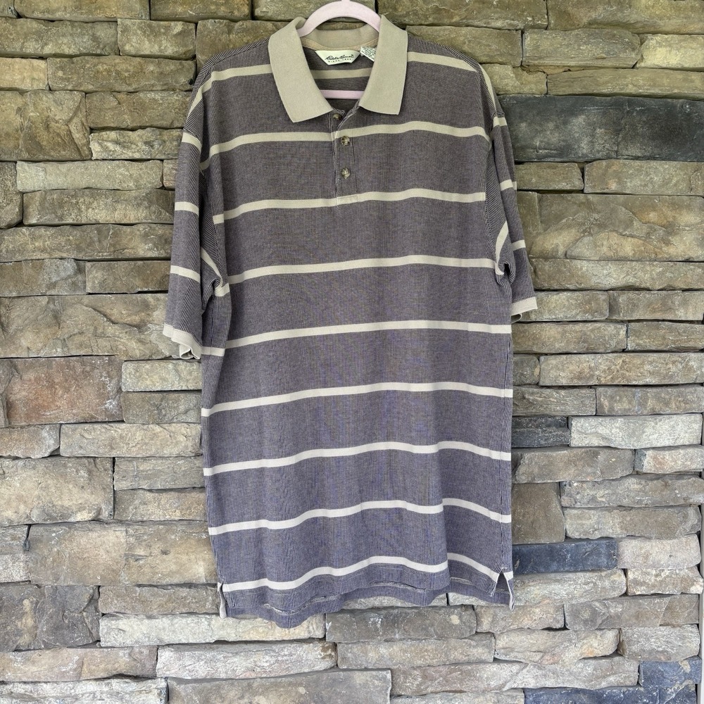 VINTAGE Eddie Bauer Shirt‎ Mens XL Tan Black Striped Knit Collared Polo
